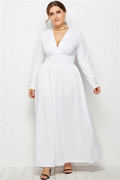 Elegant White Ruched V Neck Long Sleeve Maxi Dress For Plus Size Women