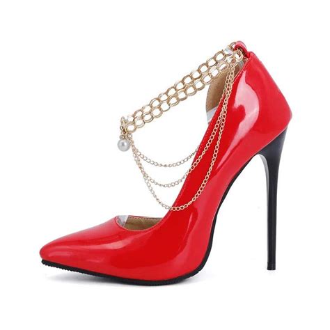 Emma Jones Pointed Toe Stiletto Heels Ankle Chain Straps Dorsay Pumps Red Patent In Sexy Heels