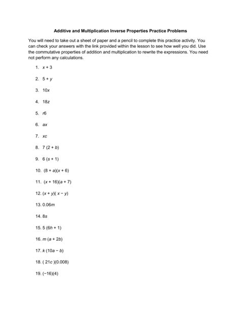 Additive And Multiplication Inverse Properties Practice Problems