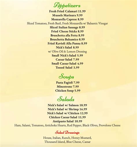 Bella Sera Menu With Prices Updated February 2024