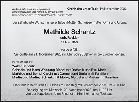 Trauer Mathilde Schantz Teckbote Trauerportal