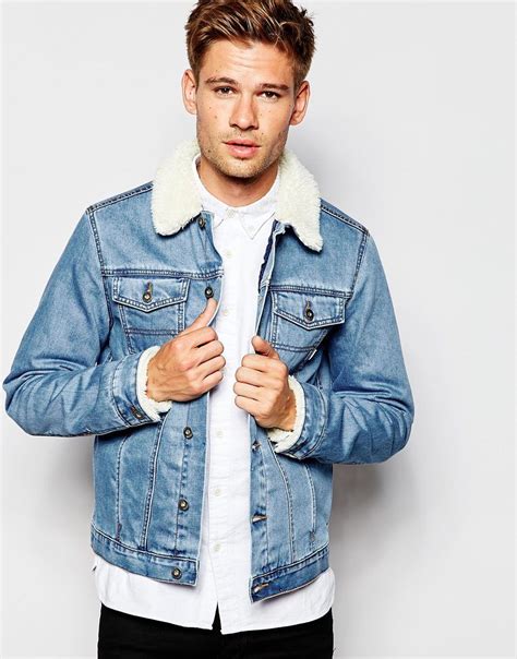 Asos Denim Jacket With Borg Collar In Blue Wash At Denim Jacket With Fur Denim