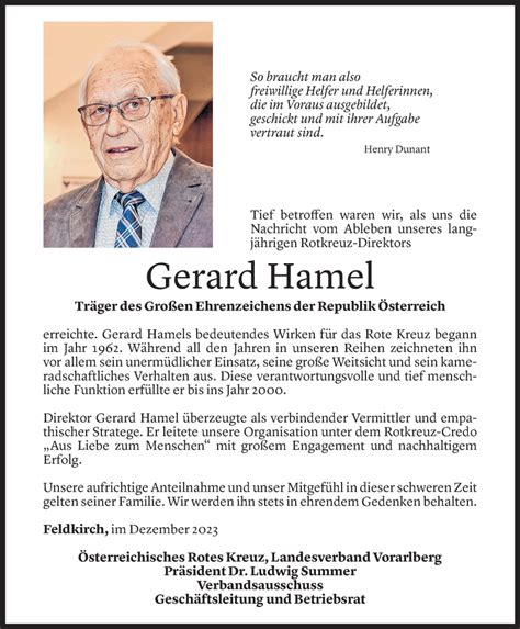 Todesanzeigen Von Gerard Hamel Todesanzeigen Vorarlberger Nachrichten