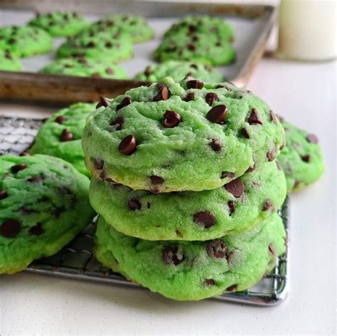 Green Chocolate Chip Cookies On A Cooling Rack