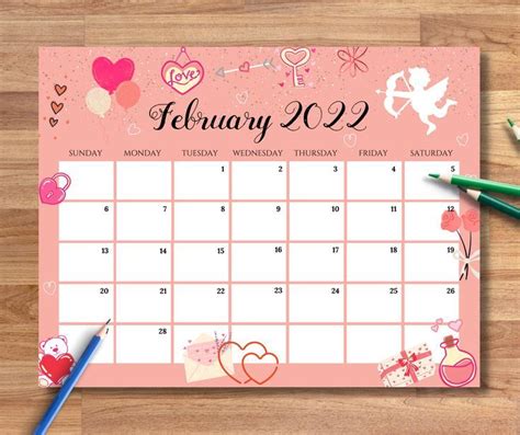 EDITABLE FILLABLE February 2022 Calendar, Sweet Pinky Valentine's Day ...