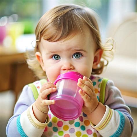 A Baby Drinking From A Cup With A Pink Sippy Cup Premium Ai Generated