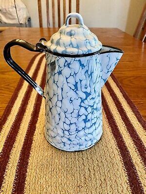 Antique Light Blue White Swirl Graniteware Coffee Pot Pitcher