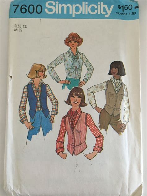 Simplicity Sewing Pattern 7600 Vintage Misses Shirt Vest Ascot Size 12 Uncut Ebay