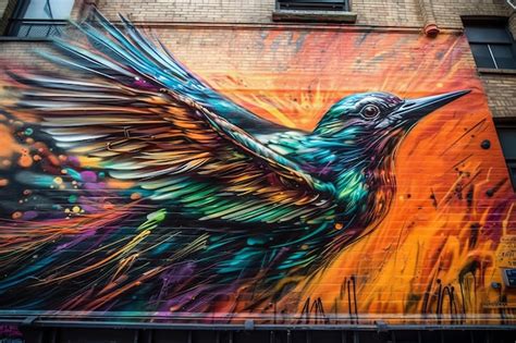 Premium Ai Image A Colorful Bird Is Painted On A Brick Wall