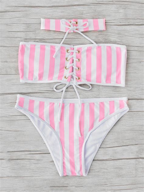 Vertical Striped Lace Up Bikini Set With Choker Bikinis Swimwear Hot Sex Picture