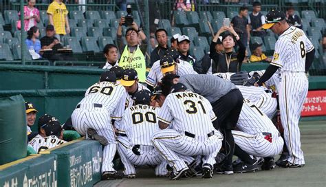 ＜神・中＞試合前円陣を組む、矢野監督（左端）ら阪神ナイン（撮影・成瀬 徹） ― スポニチ Sponichi Annex 野球