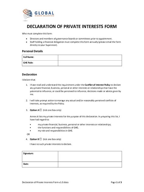 Fillable Online Declaration Of Private Interests Form V1 0 Docx Fax Email Print Pdffiller