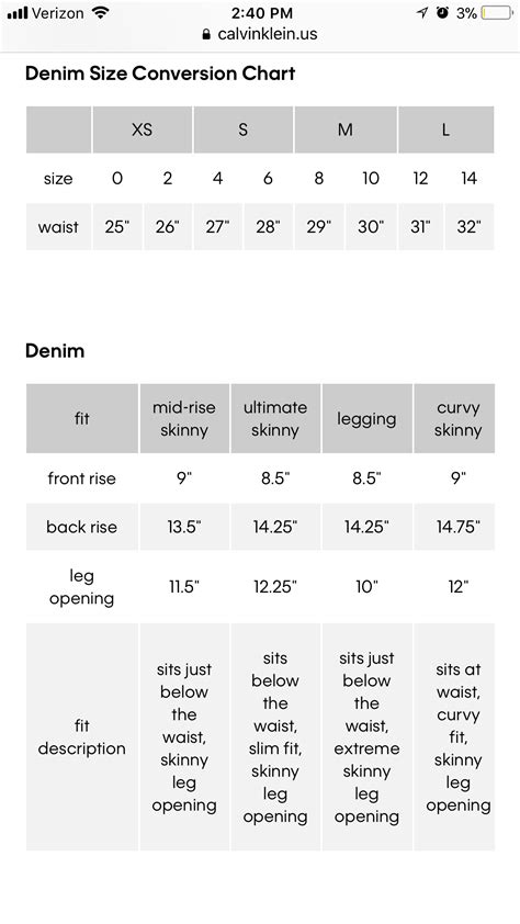 Stacked Jeans Size Chart