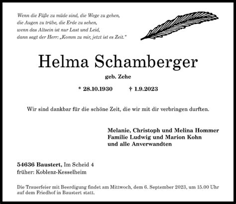 Traueranzeigen Von Helma Schamberger Rz Trauer De