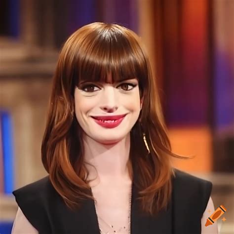 Anne Hathaway Gets Her Bangs Trimmed On A Talk Show On Craiyon