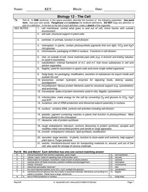 Cell Structure And Function Worksheet Answers Free Pdf At