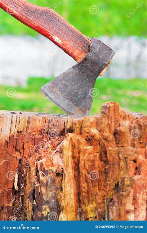 Old Hatchet In Wooden Log Stock Photo Image Of Sawdust