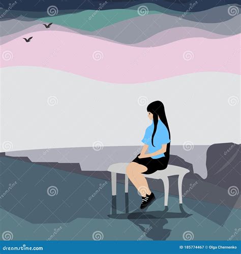 Lonely Girl Sitting on a Bench. Stock Illustration - Illustration of character, japan: 185774467