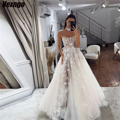 Verngo A Line 2024 Wedding Dresses Strapless Sleeveless Tulle Appliques