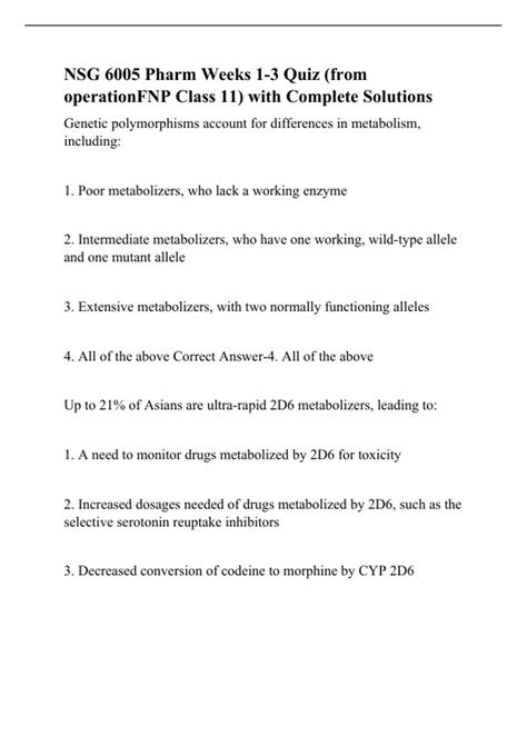 NSG 6005 Pharm Weeks 1 3 Quiz From OperationFNP Class 11 With