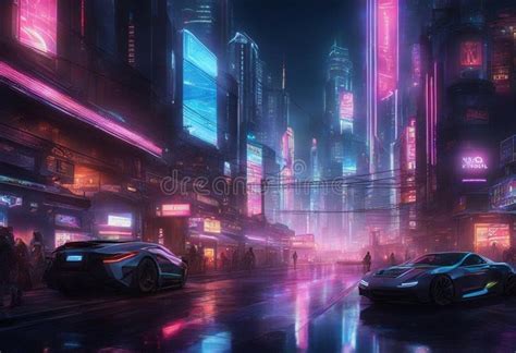 Design A Futuristic Cyberpunk Cityscape With Anime Characters Navigating Neon Lit Streets And