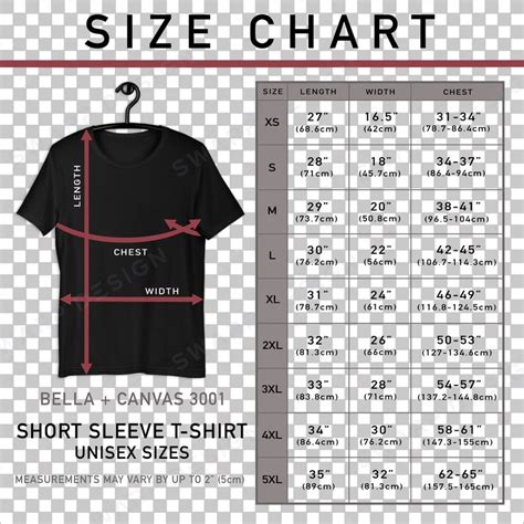 Bella Canvas 3001 Unisex Size Chart Inches And Centimeters Tshirt