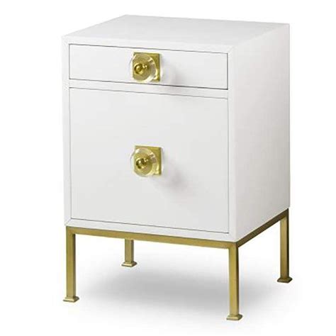 Elegant White Lacquer Nightstand with Brass Accents