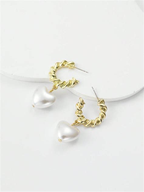 1pair Faux Pearl Heart Shaped Dangle Earrings Shein Usa