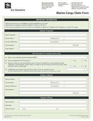 Fillable Online Marine Cargo Claim Form Ace Group Fax Email Print