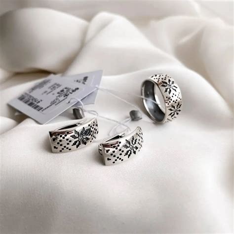 Комплект Кольцо и серьги Вышиванка серебряные украшения в украинском ...