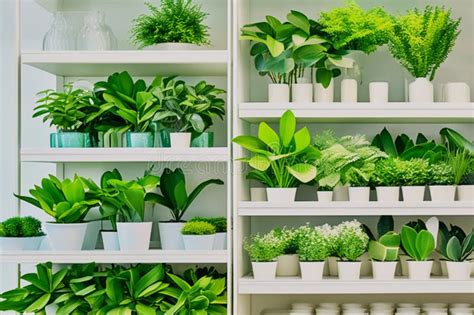 Rows Of Green Indoor Flowers In White Pots Stand On Shelves In A