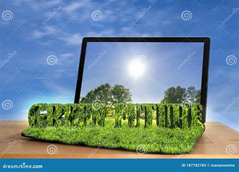 Green Future Open Laptop With 3d Text Green Future And Grass Texture