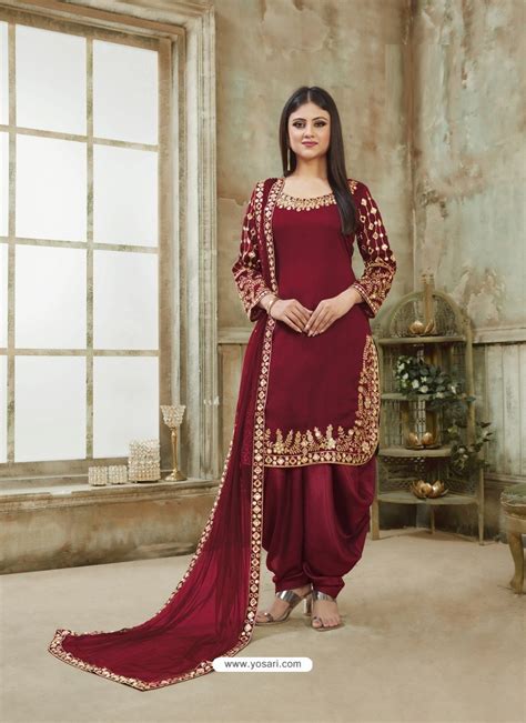 Buy Maroon Designer Party Wear Art Silk Punjabi Patiala Suit Punjabi