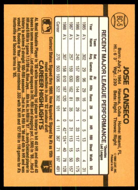 1989 Donruss Bonus MVP S Jose Canseco B Oakland Athletics BC 5 EBay