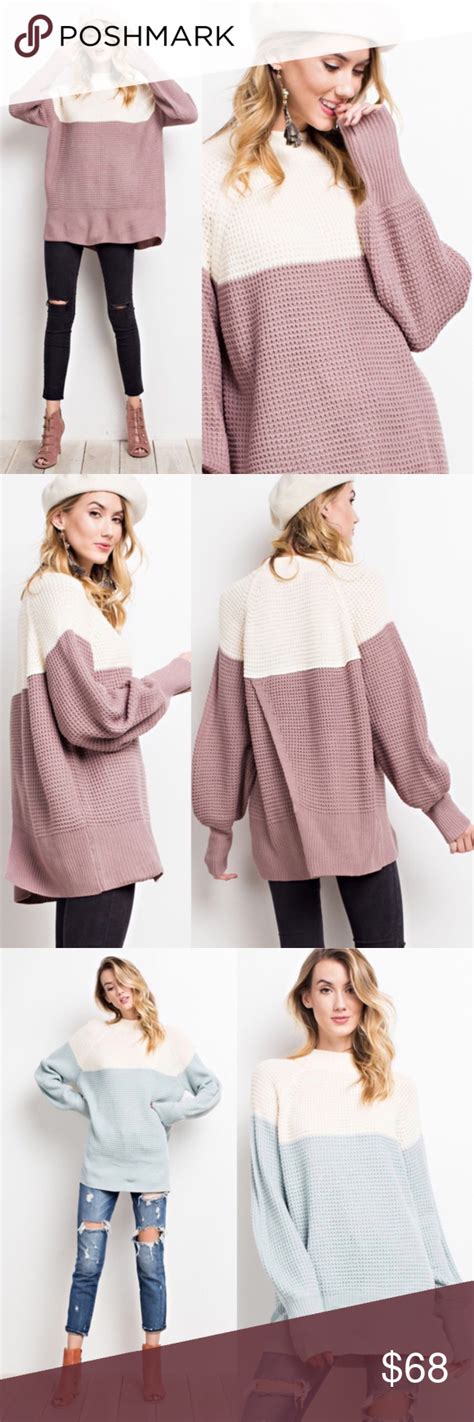 Color Block Waffle Knit Split Back Sweater Oversized Knitted Sweaters