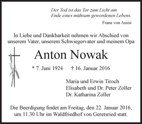 Traueranzeigen Von Anton Nowak Trauer Merkur De