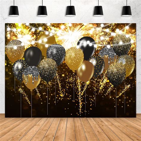 Aperturee Glitter Gold And Black Balloons Backdrop 7x5ft