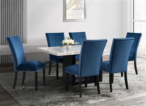 Francesca 5 Piece Dining Set With Blue Chairs Kanes Furniture