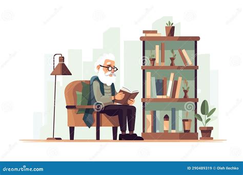 Old Man In Bookstore Vector Flat Minimalistic Isolated Illustration