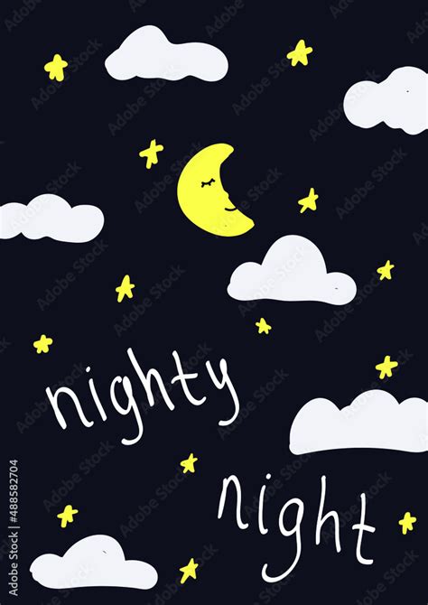 Hand drawn vector illustration. Good night card with moon, clouds ...