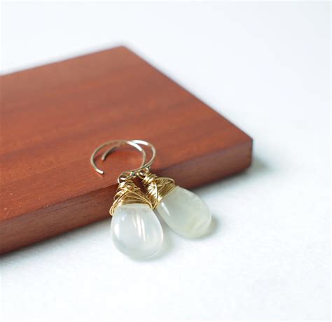 White Moonstone Earrings Tear Drop Shape Smooth 14K Gold Filled