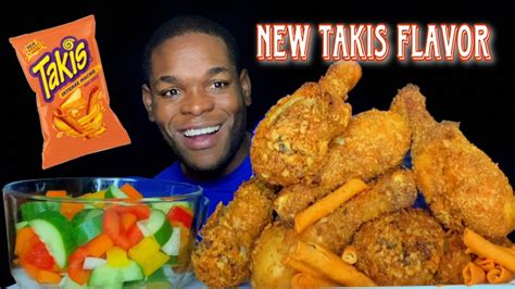 NEW TAKIS NACHO CHEESE CRUSTED FRIED CHICKEN MUKBANG NEW TAKIS FLAVOR