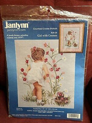 JANLYNN Counted Cross Stitch 2002 GIRL WITH COSMOS KIT Design By Nancy