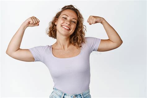 Women Power And Feminism Young Strong Woman Cheering Raising Fist Up