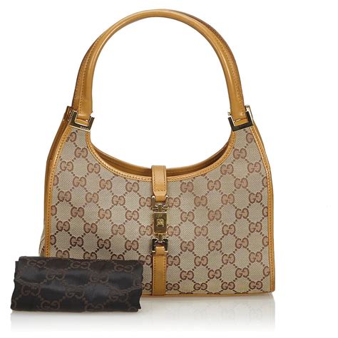 Gucci Brown Jacquard GG Jackie Sac à main Cuir Tissu Marron Beige ref