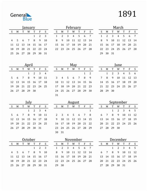 Free 1891 Calendars in PDF, Word, Excel