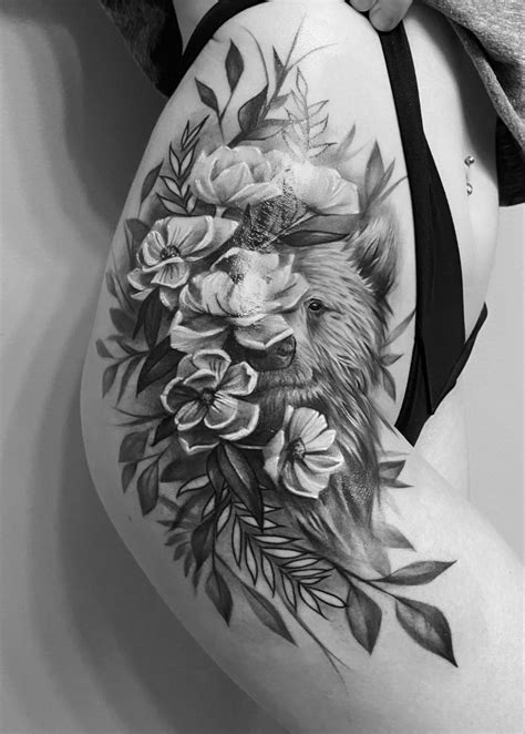 Bear and flowers tattoo | Animal tattoos for women, Floral tattoo ...