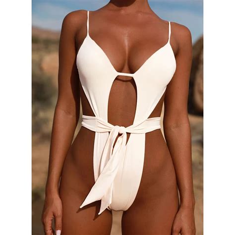 Sexy Hollow Out Swimsuit 2018 Thong Monokini White Women Halter Top One Piece Swimwear Push Up