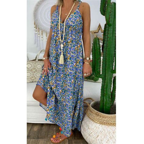 Damen Boho Blumen Maxi Kleid Party Riemchen Spaghetti Träger Sommer Strand Urlaub Sling