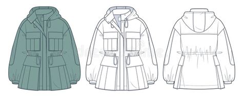 Parka Jacket Technical Fashion Illustration Hooded Drawstring Jacket Fashion Flat Technical